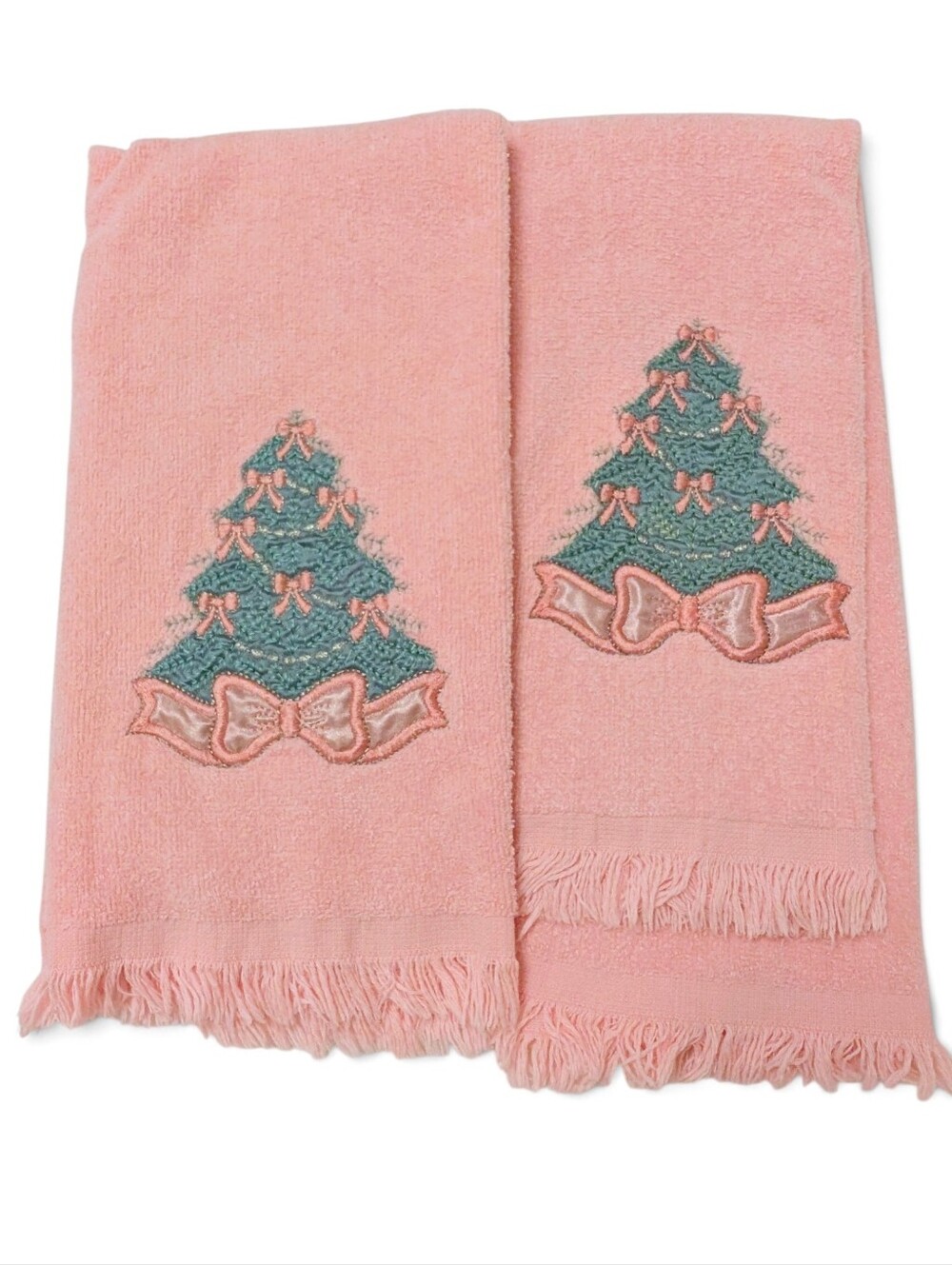 VINTAGE Christmas Cotton Towel Set 3pc Set Pink Cream New